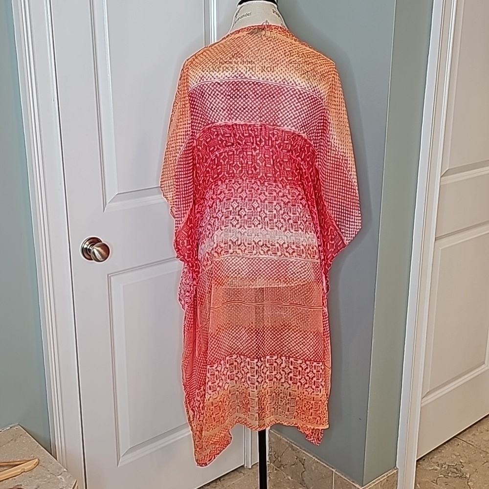 Cynthia Rowley Red And Orange Printed Sheer Swimsuit Cover Dress - OS - Picture 6 of 8